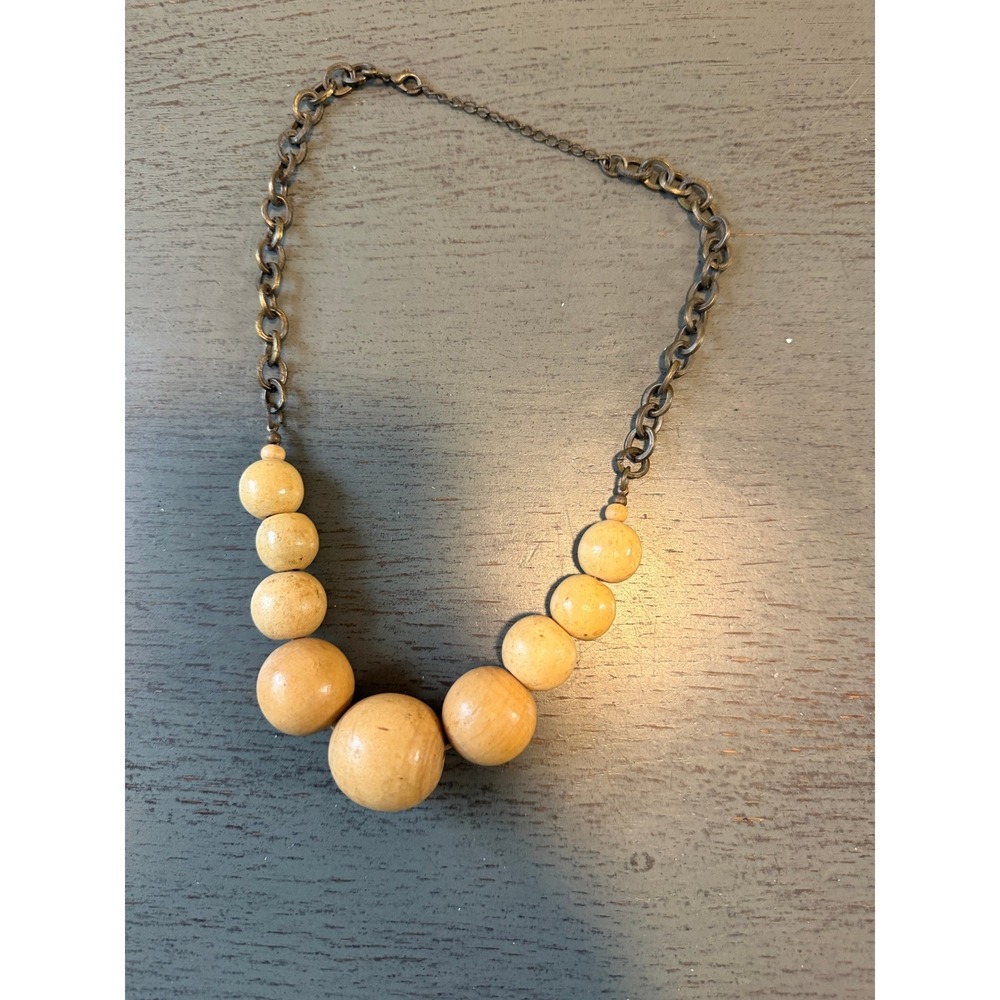 Natural Wood Graduated Bead Statement Necklace Bronze Tone Chain Adjustable Boho